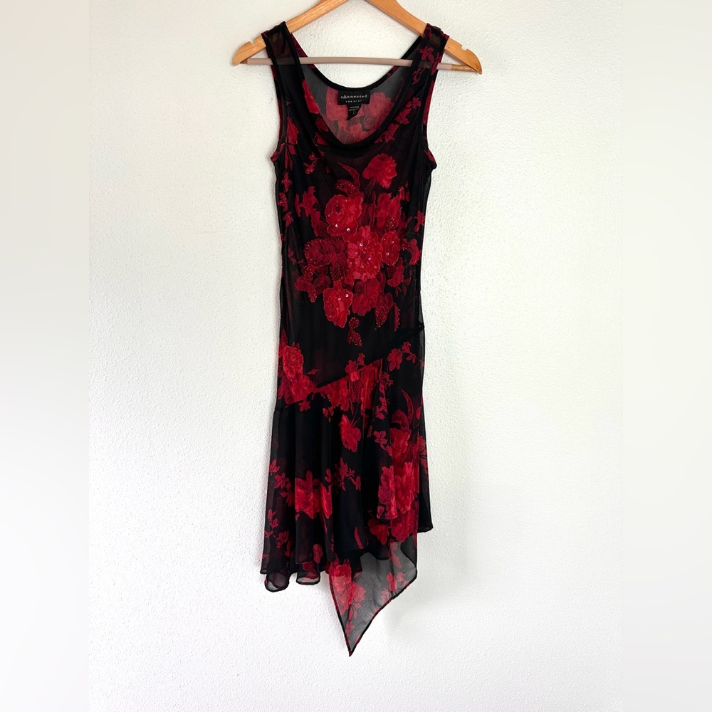 Vtg Connected Apparel Dress Y2K Slip Formal Beaded Black Red S Goth Fairy Whimsy